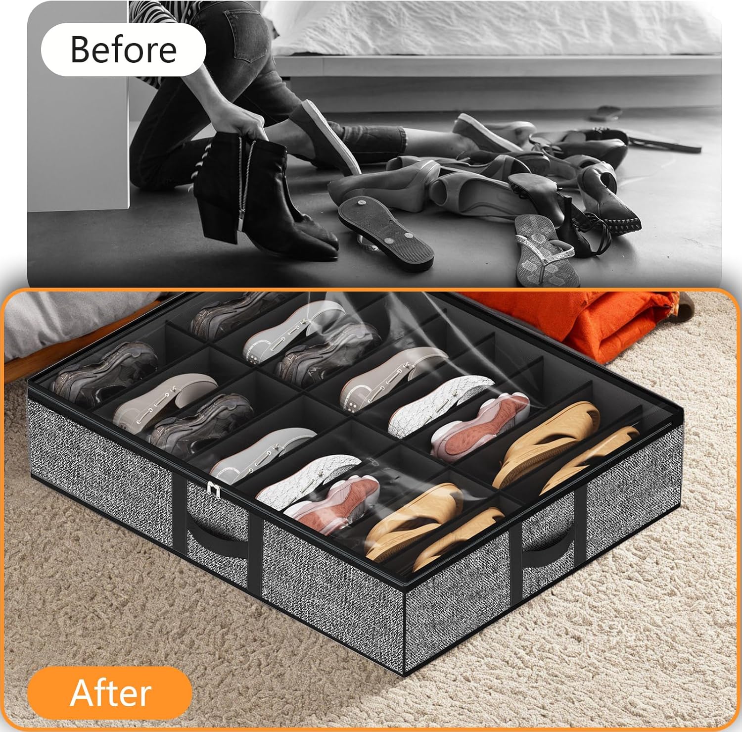 homyfort Under Bed Shoe Storage Organizer Fits 16 Pairs Shoes and 4 Pairs Boots, Underbed Shoe Storage Boxes Bins, Organizador De Zapatos, Extra Large Zapateras Organizer for closet, Black, Set of 2