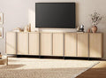WAMPAT Modern TV Stand for TVs Up to 110", Wooden Entertainment Center TV Console with 8 Door Closed Storage and T-Shaped Wood Legs, Media Console Cabinet for Living Room, Bedroom, LightOak