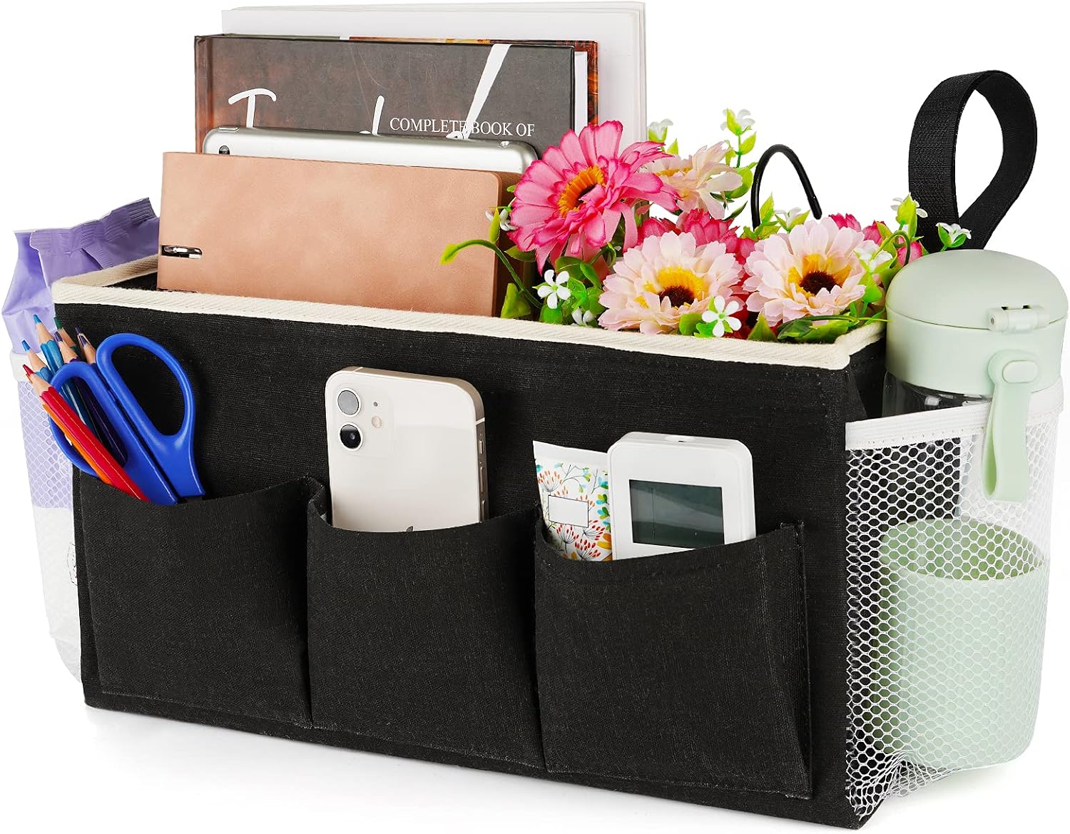 Bedside Caddy Bedside Organizer Bedside Storage Caddy with Fixed Straps and Water Bottle Holder for Home College Dorm Bunk Bed Hospital Bed Crib Bed Rails (Black)