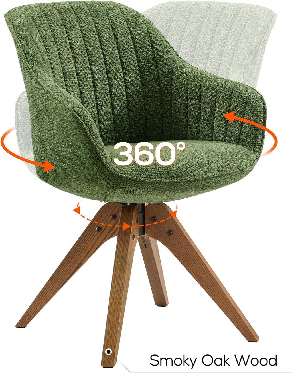 Art Leon Swivel Dining Chair, Fabric Upholstered Chair, Green | No Wheels, Oka Wood Legs, Mid-Century Modern, Upholstered, 360° Rotation, Dining Room, Kitchen