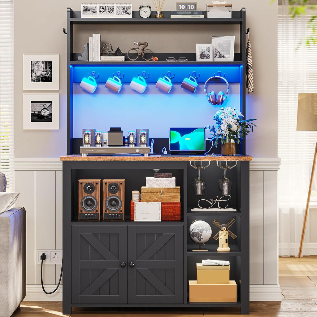Itaar 35.4 inch Coffee Bar Cabinet, Bakers Rack with Power Outlet and Storage, Farmhouse Microwave Stand Kitchen Cabinet with Hutch, LED Lights, Wine Glass Holder and 8 Hooks, Black