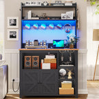Itaar 35.4 inch Coffee Bar Cabinet, Bakers Rack with Power Outlet and Storage, Farmhouse Microwave Stand Kitchen Cabinet with Hutch, LED Lights, Wine Glass Holder and 8 Hooks, Black