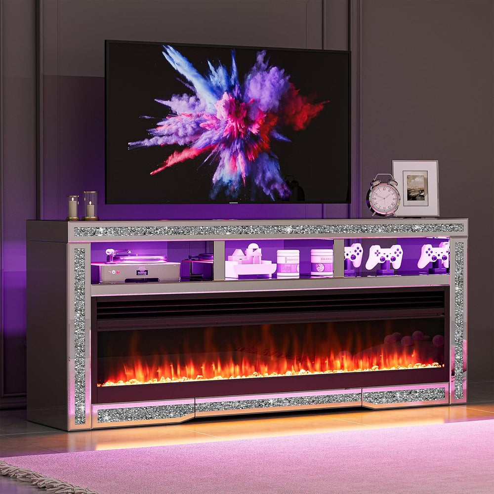 IKIFLY Mirrored Fireplace TV Stand for 65+ inch TV, Silver TV Console Table w...