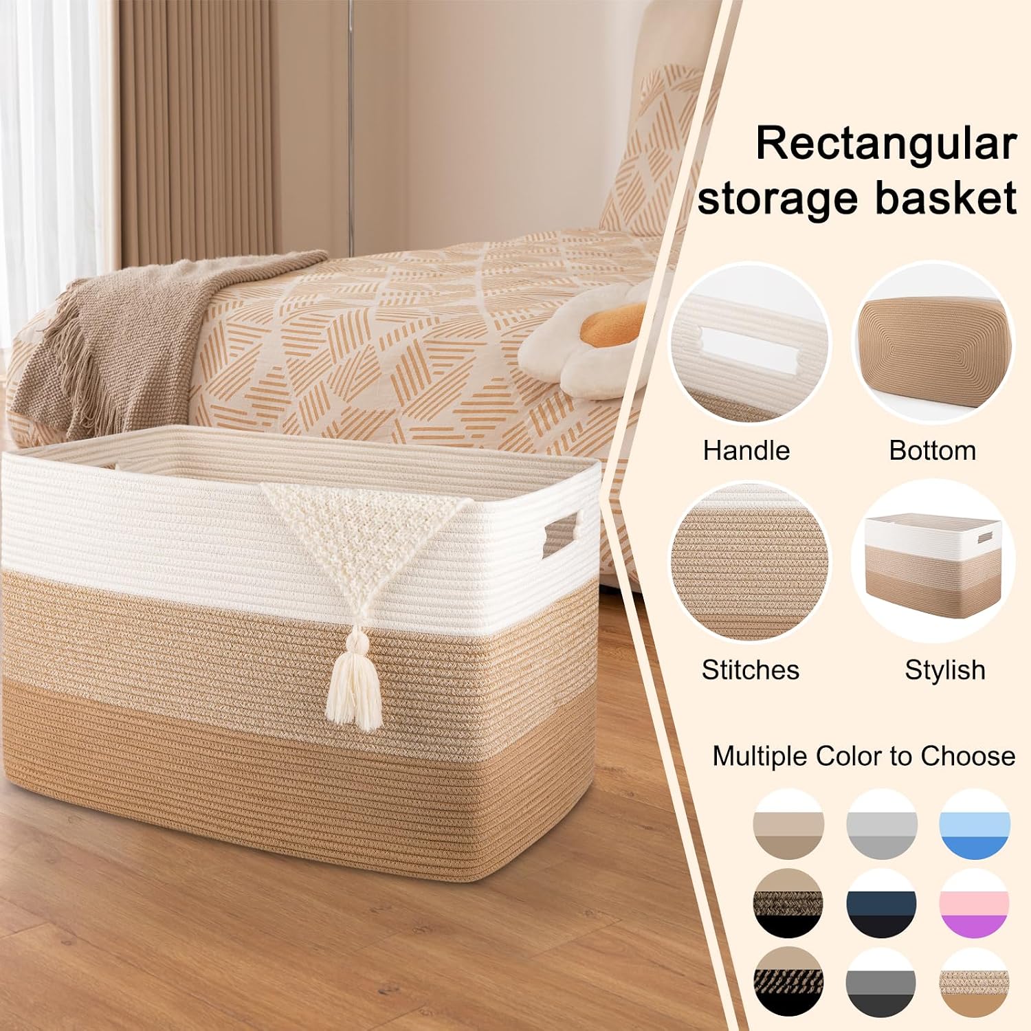 OIAHOMY 108L Super Large Blanket Basket, 25”x16”x16” Rectangle Woven Baskets for Storage, Cotton Rope Basket For Living Room, Toy Storage with Handle- Gradient Light Brown