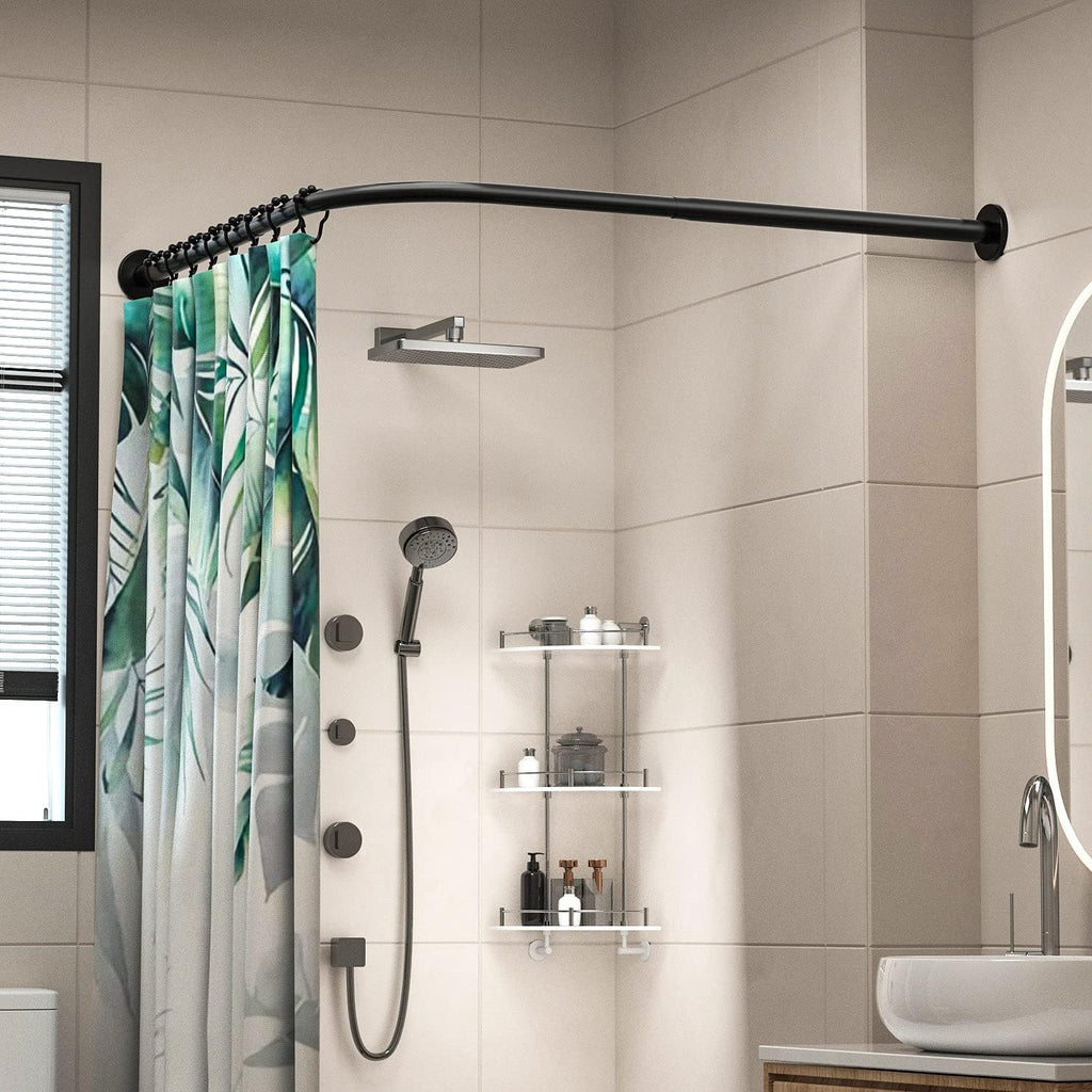 Corner Shower Curtain Rod Adjustable Stainless Steel L Shaped Rack Drill Free Install for Bathroom, Bathtub, Clothing Store (Black, 35.5"-51.2" x 35.5"-51.2")