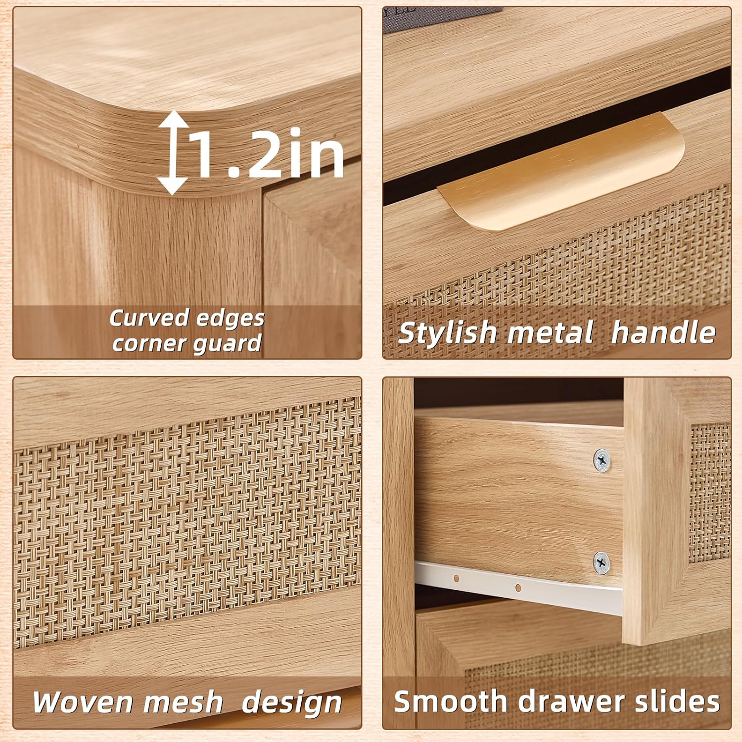 LEYAOYAO Rattan Night Stand Set of 2 with Charger Station, 23" Large 3 Drawer Boho Nightstand, Natural Wood Bedside Table Storage Cabinet, Bed Side End Tables for Bedroom, Living Room, Hallway
