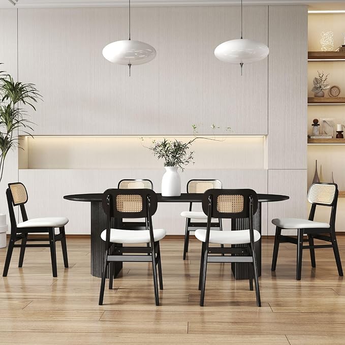 Black Rattan Dining Chairs Set of 4 Lambswool Dining Room Chairs Natural Wood...