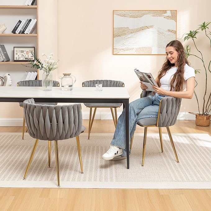Kiztir Velvet Dining Chairs Set of 6 Woven Dining Chairs with Gold Metal Legs Upholstered Modern Dining Room Chair for Living Room, Bedroom, Kitchen (Grey)