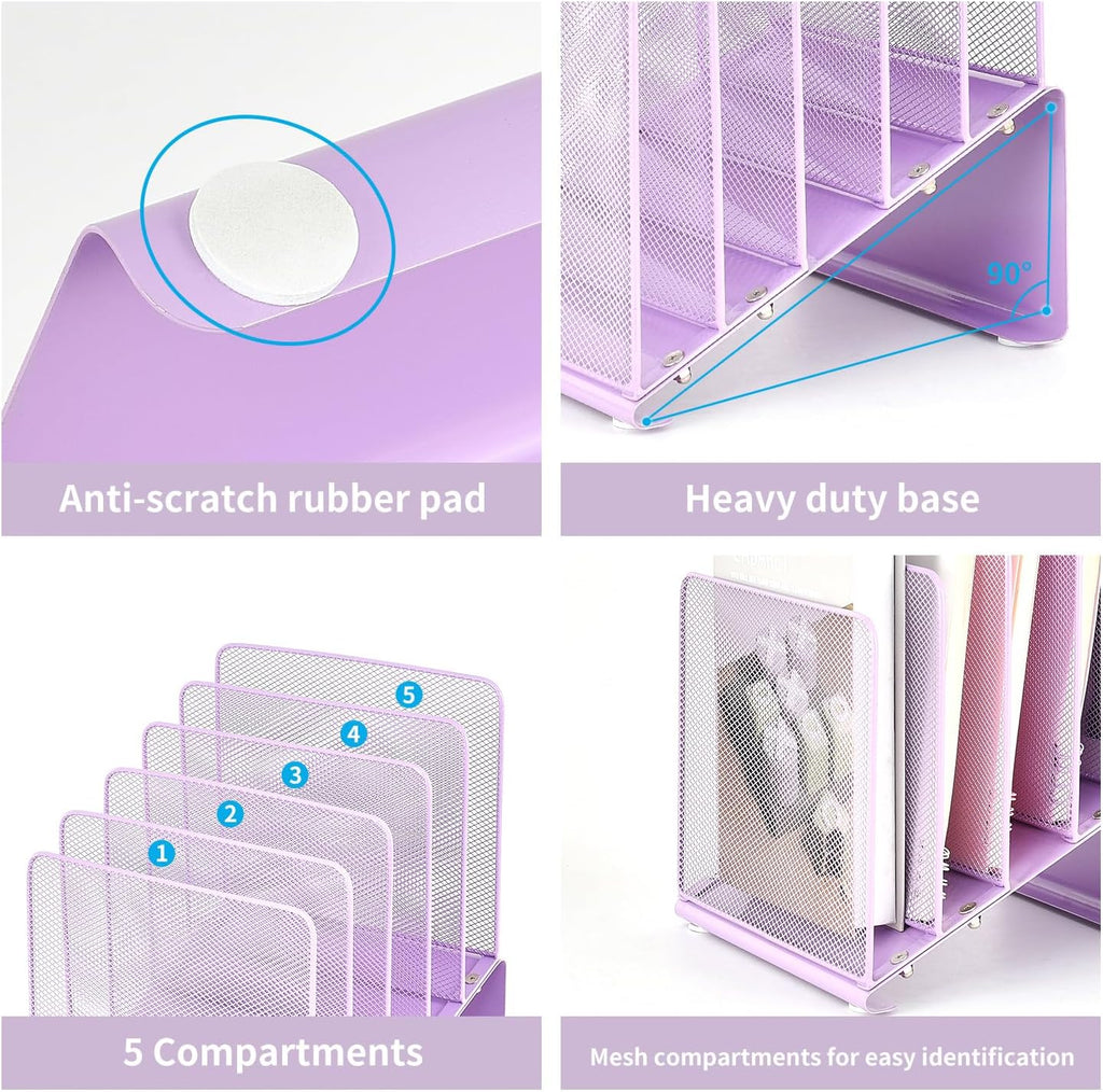 File Organizer for Desk, Desk Organizer with 5-Section Vertical File Rack, File Folder Organizer (Purple)