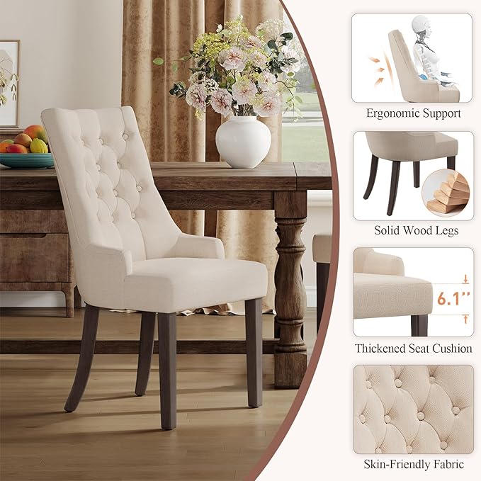 COLAMY Fabric Side Dining Chairs Set of 6, Wingback Upholstered Dining Room Chairs with Tufted Button, Living Room Chairs for Home Kitchen, Beige