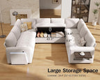Vipbear 8 Seat U Shaped Modular Sectional Sleeper Sofa with Pull Out Bed/Reclining Backrest/USB Ports/Table/LED Light/Storage Seat, Sectional Sleeper Couch, Tool-Free Assembly, Chenille Beige