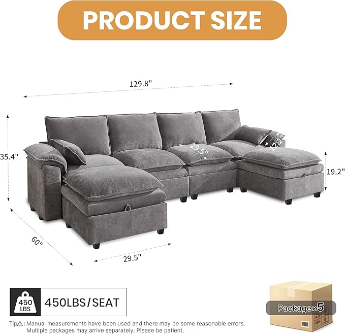 130" U Shaped Modular Sectional Sofa, Couch with Ottoman Storage, Chenille Cloud Couch with Plush Deep Seating for Living Room, Bedroom (Light Grey, 6 Seat)