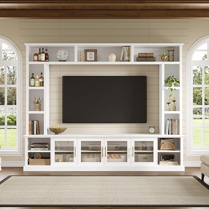 Merax 95" Entertainment Center for TVs up to 80", All-in-One TV Stand with Bookshelves & Storage Cabinets & Tempered Glass Doors & Adjustable Shelves, Modern Living Room Wall Unit Media Console, White