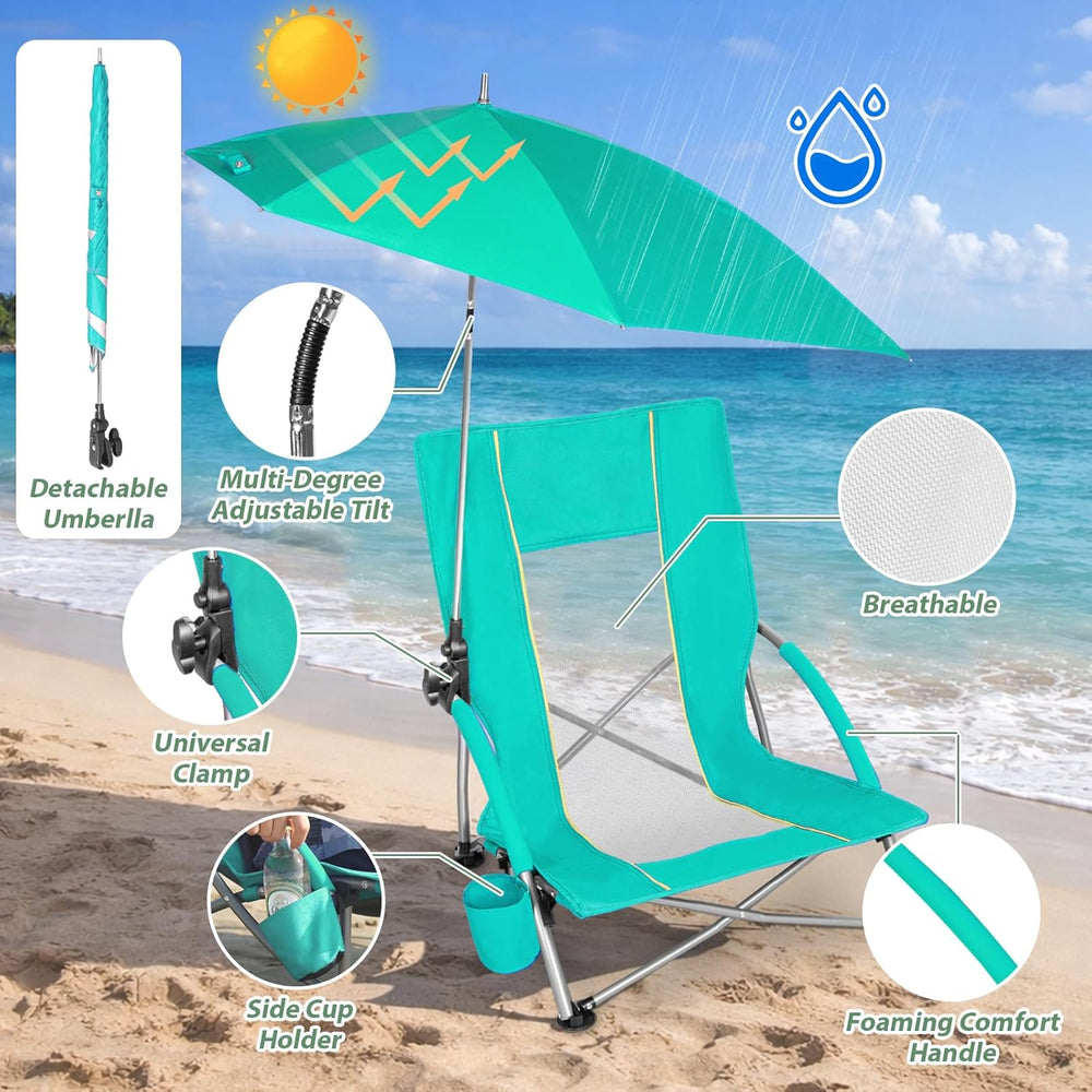 Romswi Beach Chair with Umbrella 2PK, Folding Low Beach Chairs for Adults wit...