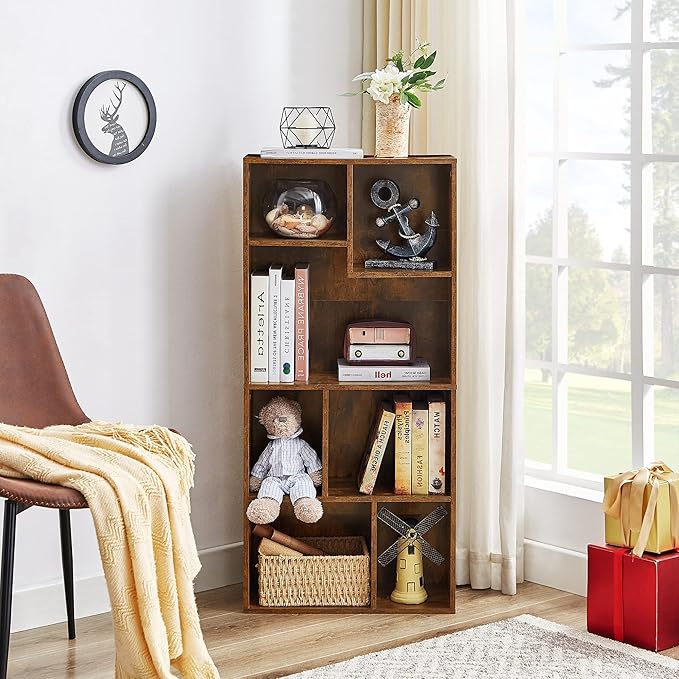 VECELO 4-Tier Modern Bookcase, 42 Inch High Storage Cabinet with Height Difference Shelves for Standard Textbooks, Floor Standing Display, 7 Cubes, Horizontal Avaiable, Easy Assembly, Rustic Brown