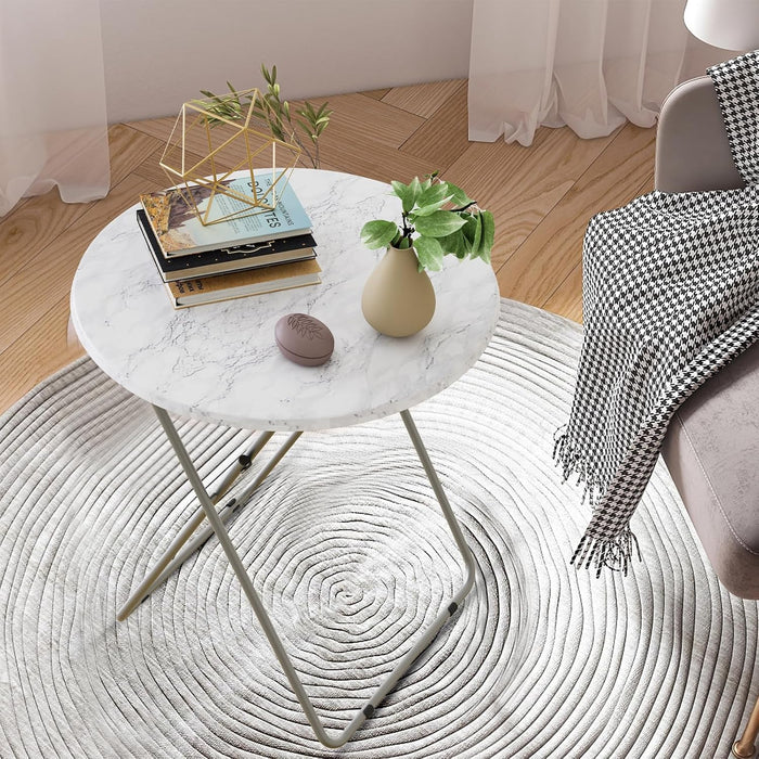 TV Trays Table Set of 4 Round Portable Folding TV Tray Table TV Dinner Tray with Sturdy MDF, No Assembly Required, 17.5 x 17.5 x 26 in (White Marble, 4Pcs)