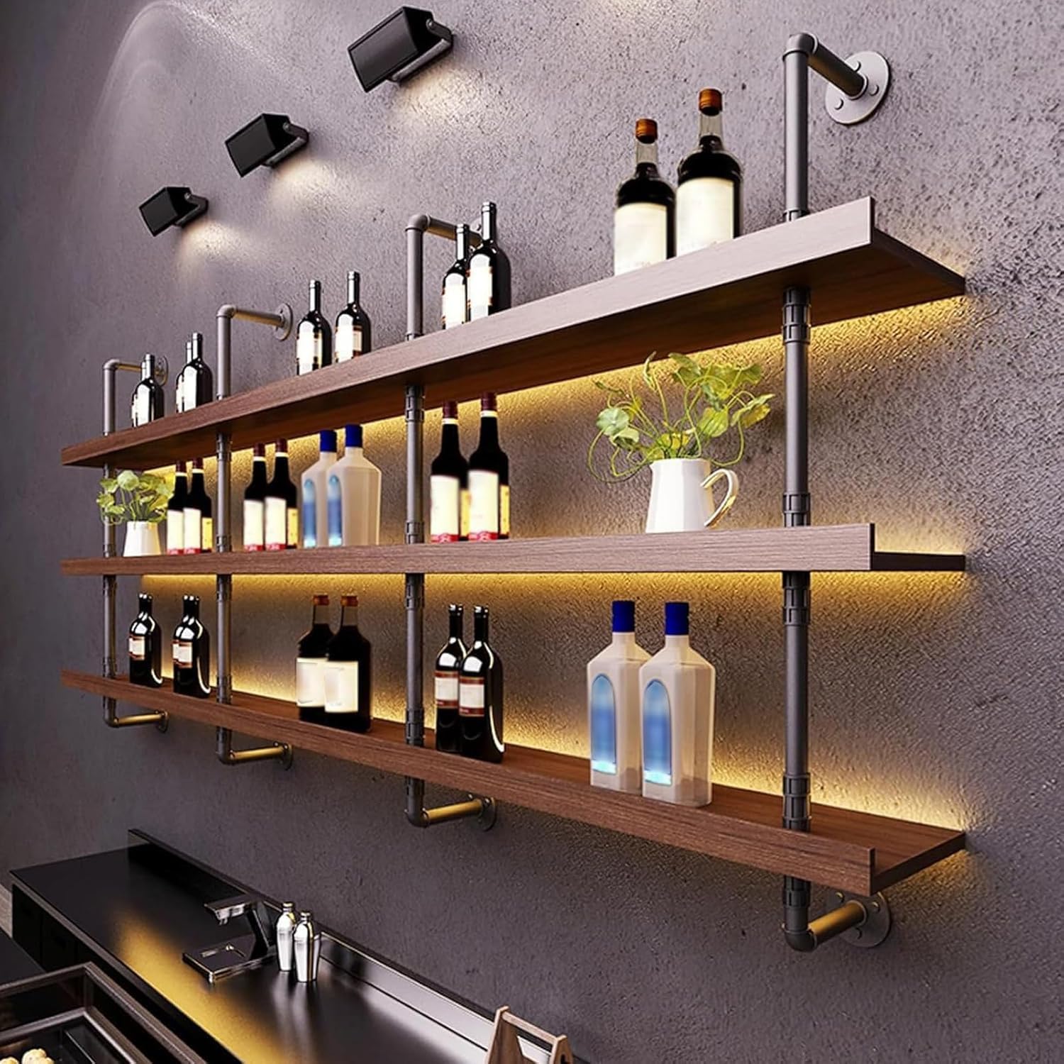 23.6in Solid Wood Wine Rack Wall Mounted with LED Light | 2 water pipes/Supports 440 lbs/Suitable for hotels and bars/Solid brick / cinder block walls/solid wood panel walls