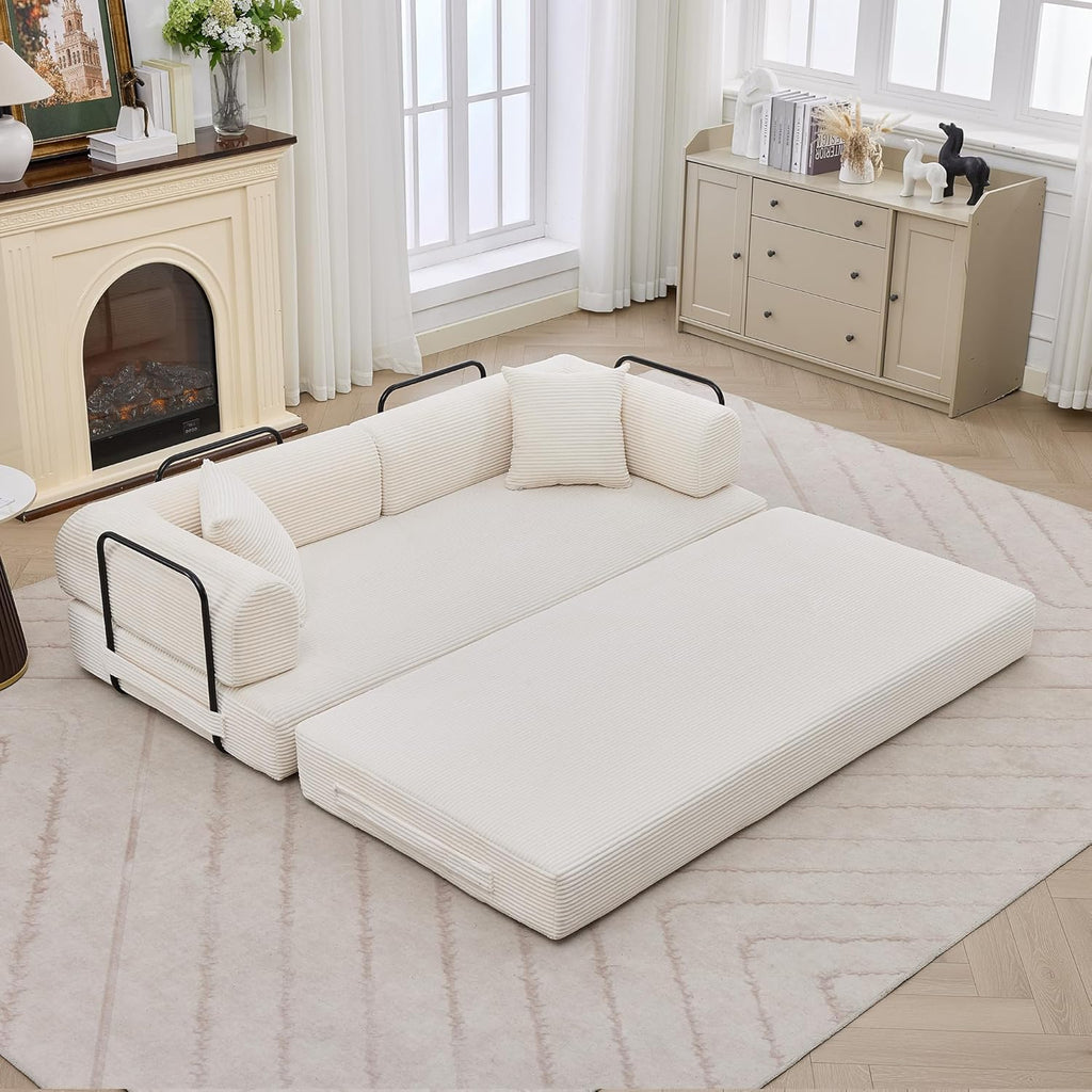 GarveeHome 79" Convertible Sleeper Sofa Bed Couch, 4-in-1 Boneless Corduroy Folding Sofa Bed with Pillow & Fixed-Shape, Floor Mattress Couch Loveseat for Living Room Apartments - No Assembly, Beige
