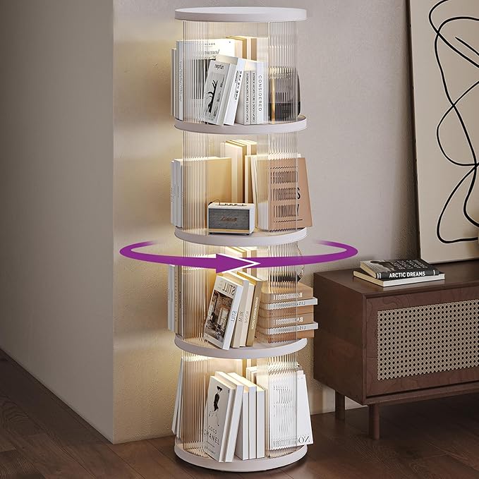 4 Tier Rotating Bookshelf Spinning Bookshelf Tower Swivel Bookcase Round Book Shelf for Small Space Revolving Bookcase for Playroom Bedroom Living Room