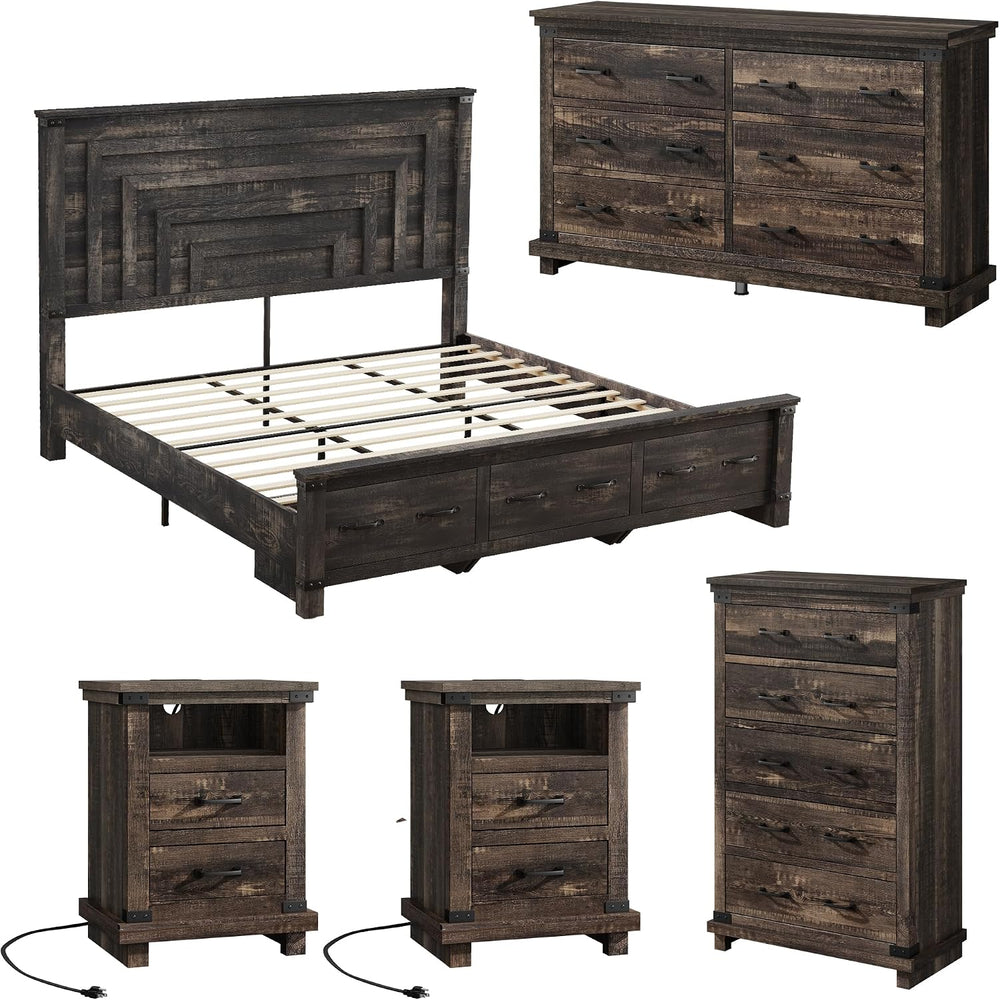 AMERLIFE 5 Pieces Farmhouse Bedroom Set, Includes Rustic King Bed Frame with ...