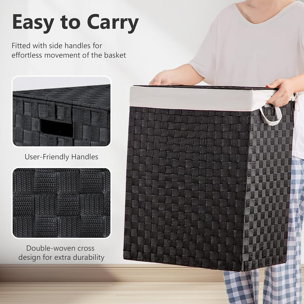 Foldable Laundry Hamper Basket with Lid by Fiona's magic, Handwoven 96L Large Clothes Hamper with Removable Liner Bags, Collapsible Tall Hamper for Bedroom, Bathroom and Dorm Organizer, 2Pack, Black