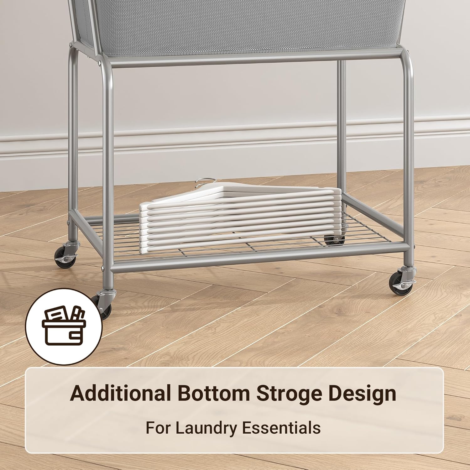 ELYKEN Laundry Cart with Wheels, Rolling Laundry Hamper with Removable Bag and Shelf, Metal Frame Laundry Basket with 4 Casters and 2 Brakes, Ideal for Bedroom, Bathroom, Laundry Room, Gray