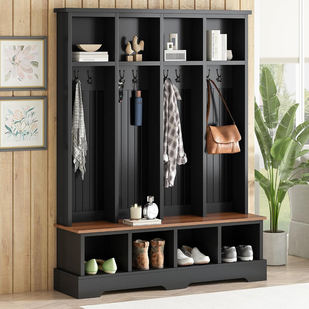 Merax Farmhouse Hall Tree with Bench and Shoe Storage, 59" Entryway Benc...