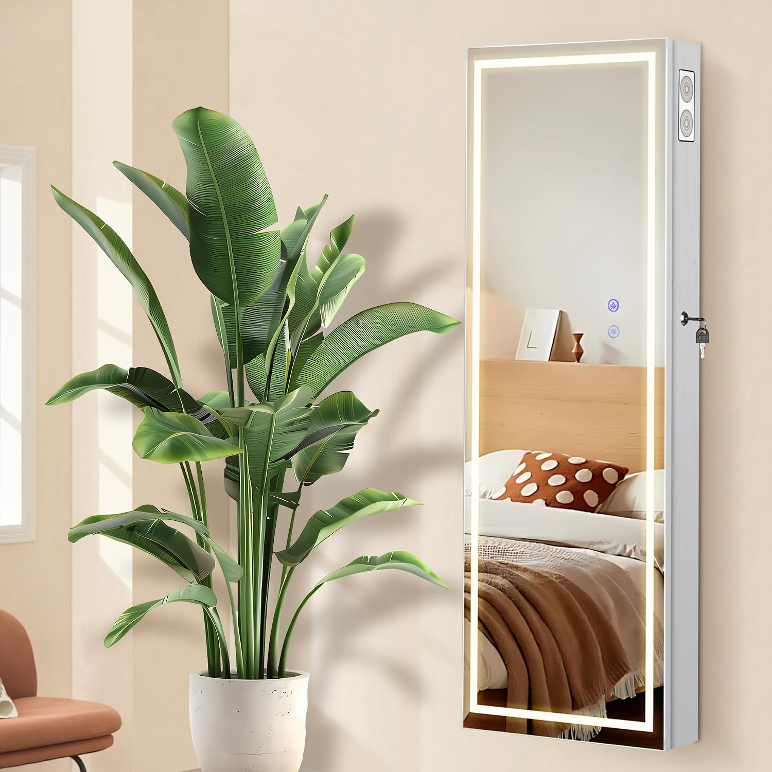 LED Mirror Jewelry Cabinet with Bluetooth Speaker ，Door/Wall Mounted,Equipped with Three Color Light Strips,Full-Length Illuminated Mirror,Jewelry Storage Function