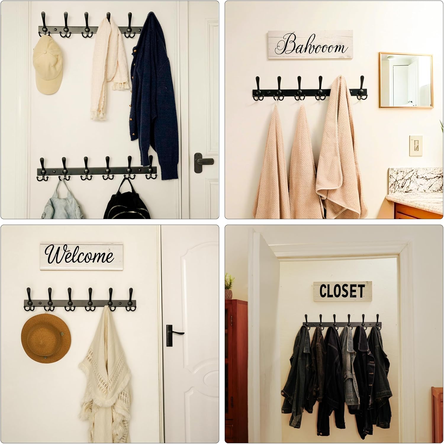 Dseap Coat Rack Wall Mount 2.0 Pro: 24” Long, 3X Tougher, Heavy Duty Stainless Steel Wall Coat Hanger with 6 Tri Hooks for Clothes Jackets Hats Entryway Closet, Black