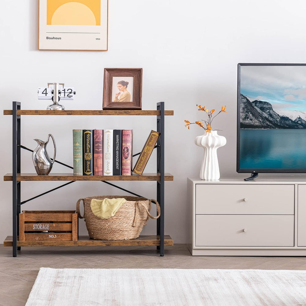 HCHQHS Bookshelf, 3-Tier Industrial Bookcase, Rustic Open Book Shelf, Wood an...