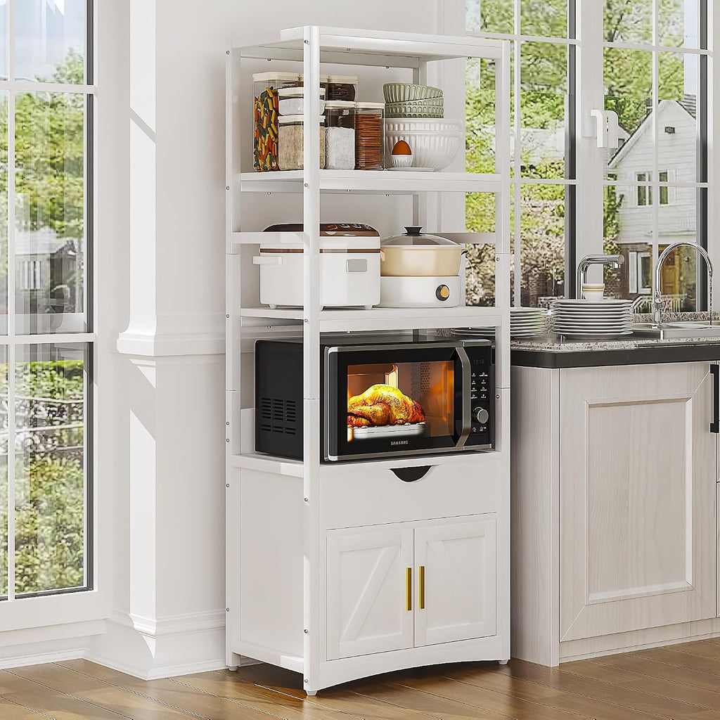 VECELO 3 Tier Freestanding Microwave Stand with Charging Station, Farmhouse Coffee Bar Cabinet with Drawer & Open Storage Shelves, Kitchen Counter Rack Compatible with 1.0 Cu.Ft Microwave Oven, White