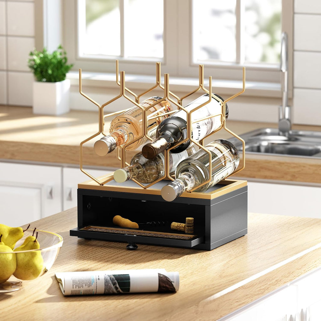 HOLTICO Countertop Wine Rack with Drawer, 8-Bottle Black & Gold Wine Holder | Black Gold Vintage Hexagon Metal Wine Holder and Bottle Rack, Vintage Small Wine Storage Racks for Tabletop, Kitchen, Bar