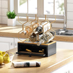 HOLTICO Countertop Wine Rack with Drawer, 8-Bottle Black & Gold Wine Holder | Black Gold Vintage Hexagon Metal Wine Holder and Bottle Rack, Vintage Small Wine Storage Racks for Tabletop, Kitchen, Bar