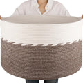 OIAHOMY 90L Extra Large Blanket Basket - Decorative Cotton Rope Storage Basket for Bedroom, Living Room & Nursery - Woven Laundry Hamper for Organizing Blankets, Clothes & Toys - Brown & White