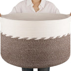 OIAHOMY 90L Extra Large Blanket Basket - Decorative Cotton Rope Storage Basket for Bedroom, Living Room & Nursery - Woven Laundry Hamper for Organizing Blankets, Clothes & Toys - Brown & White