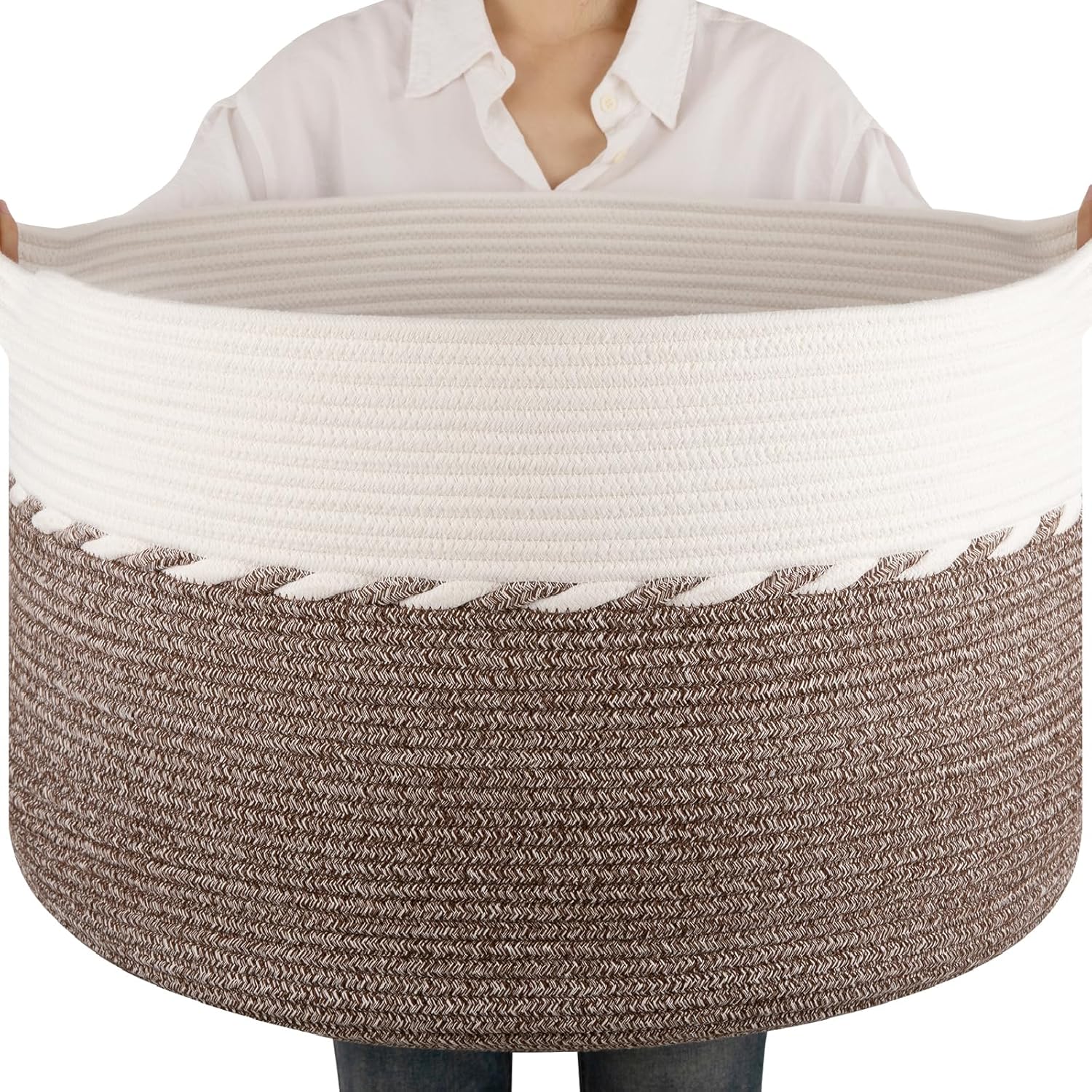 OIAHOMY 90L Extra Large Blanket Basket - Decorative Cotton Rope Storage Basket for Bedroom, Living Room & Nursery - Woven Laundry Hamper for Organizing Blankets, Clothes & Toys - Brown & White