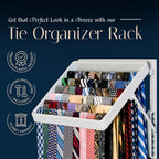 TieMaster Tie Rack and Scarf Organizer, Battery-Free Design, Holds 60 Ties and Scarves with 5 Belt Hooks, Easy Installation, Wall Mounted Tie Organizer, for Men & Women