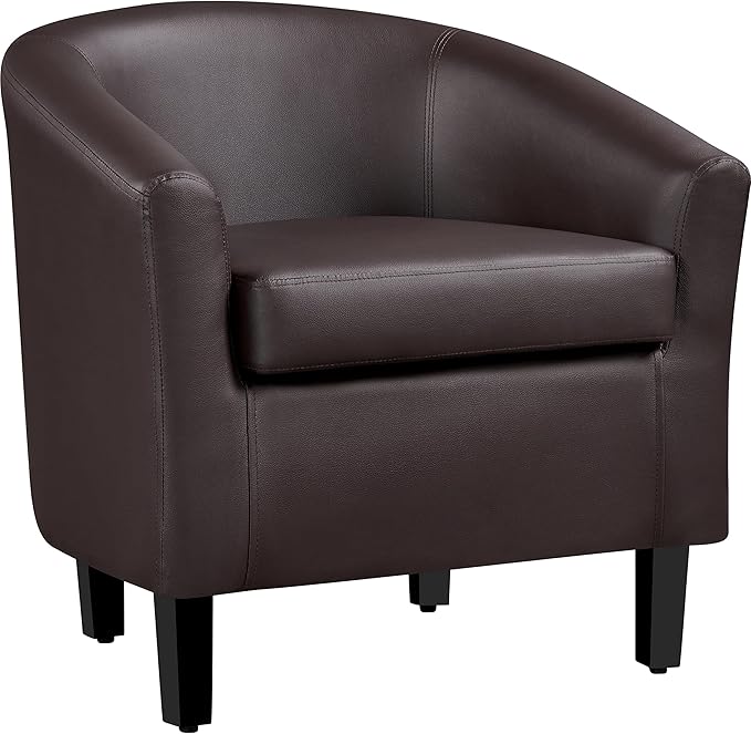 Yaheetech Leather Club Chair, Faux Leather Accent Chair, Modern Living Room Armchair with Wood Legs and Padded Seat for Bedroom Reception Room, Espresso
