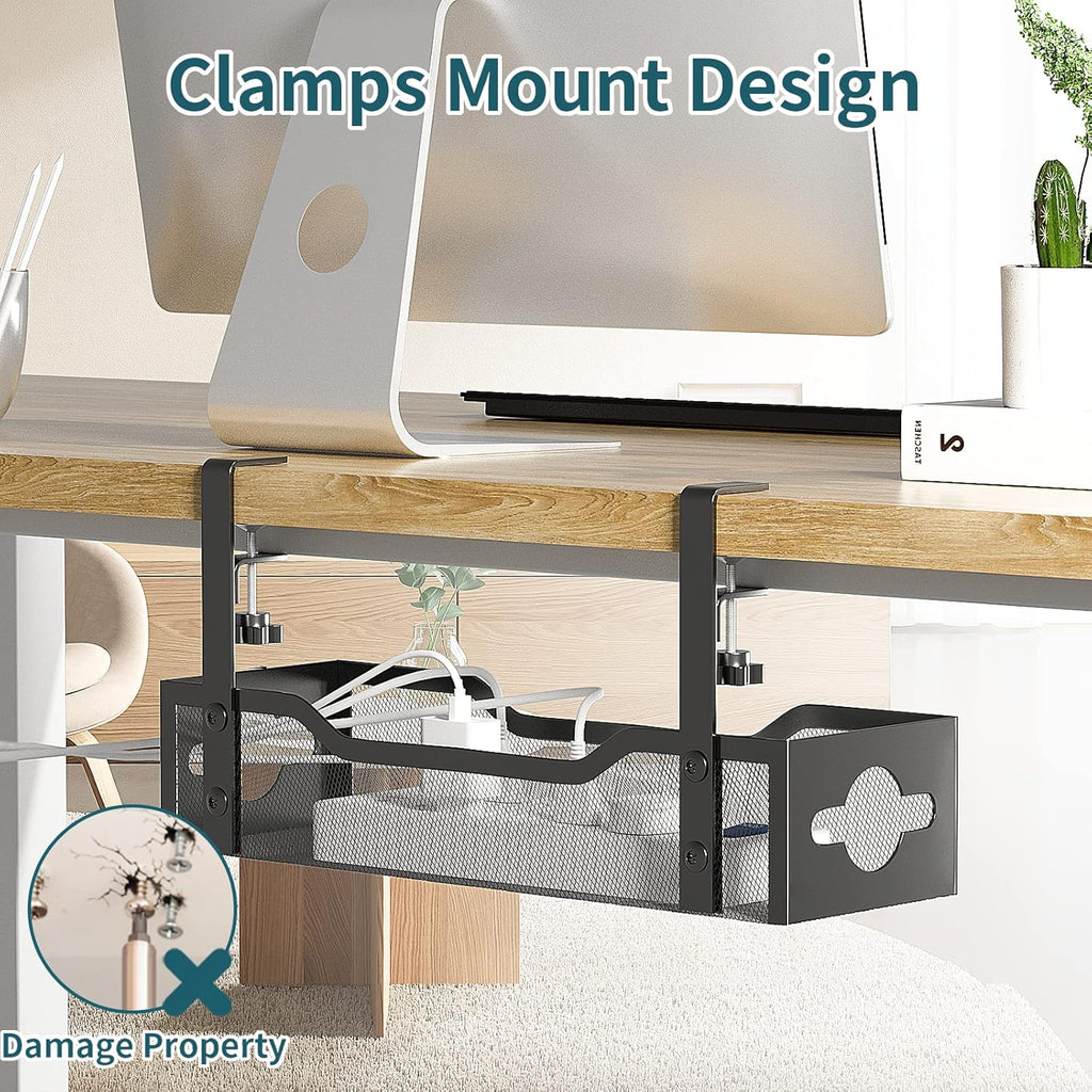 Under Desk Cable Management Tray Black, Litwaro Cable Management Under Desk No Drill, Cable Organizer with Clamp for Wire Management, Cord Organizer No Damage to Desk for Office, Home