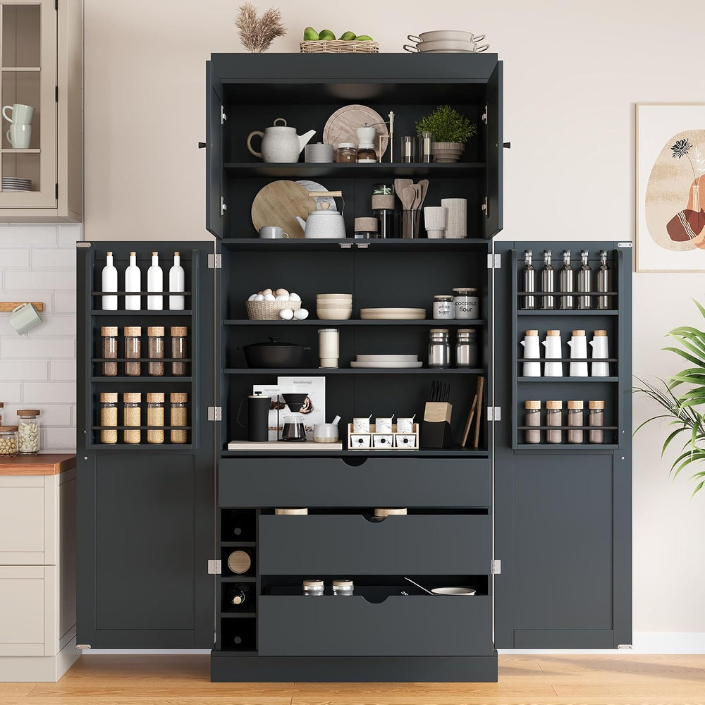 77" Tall Kitchen Pantry Cabinet with 3 Drawers, Large Wooden Kitchen Org...