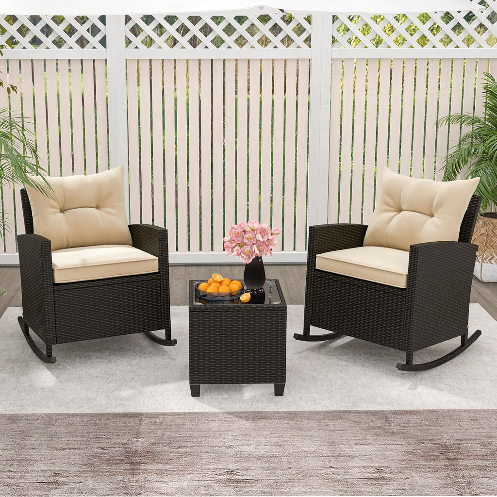 Tangkula 3 Piece Wicker Outdoor Rocking Chairs Set (Beige) | Tempered Glass Table & Thickened Soft Cushions | Easy Maintenance | Long-Lasting for Porch Garden Patio Backyard Poolside