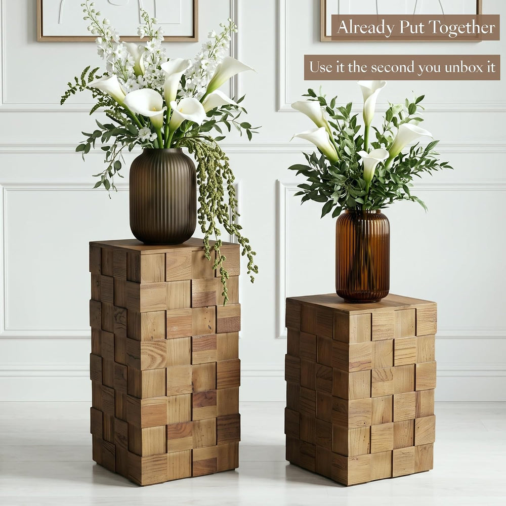 Nesting End Table, Textured Block Design Side Table, Natural | Solid Elm Wood...