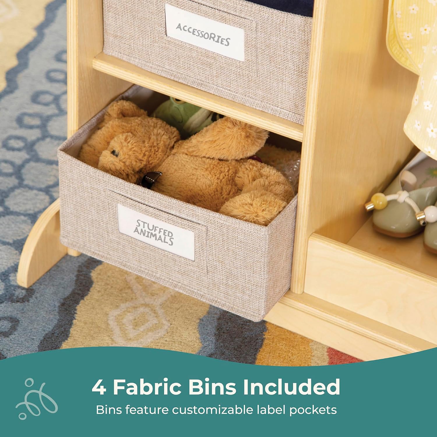 Guidecraft EdQ Dress-up Storage with Bins Natural: Kids Dress Up Rack with Mirror, Shoe Storage Shelf, and Cubbies for Costume and Pretend Play | Toddler Closet, Montessori Wood Bedroom Furniture