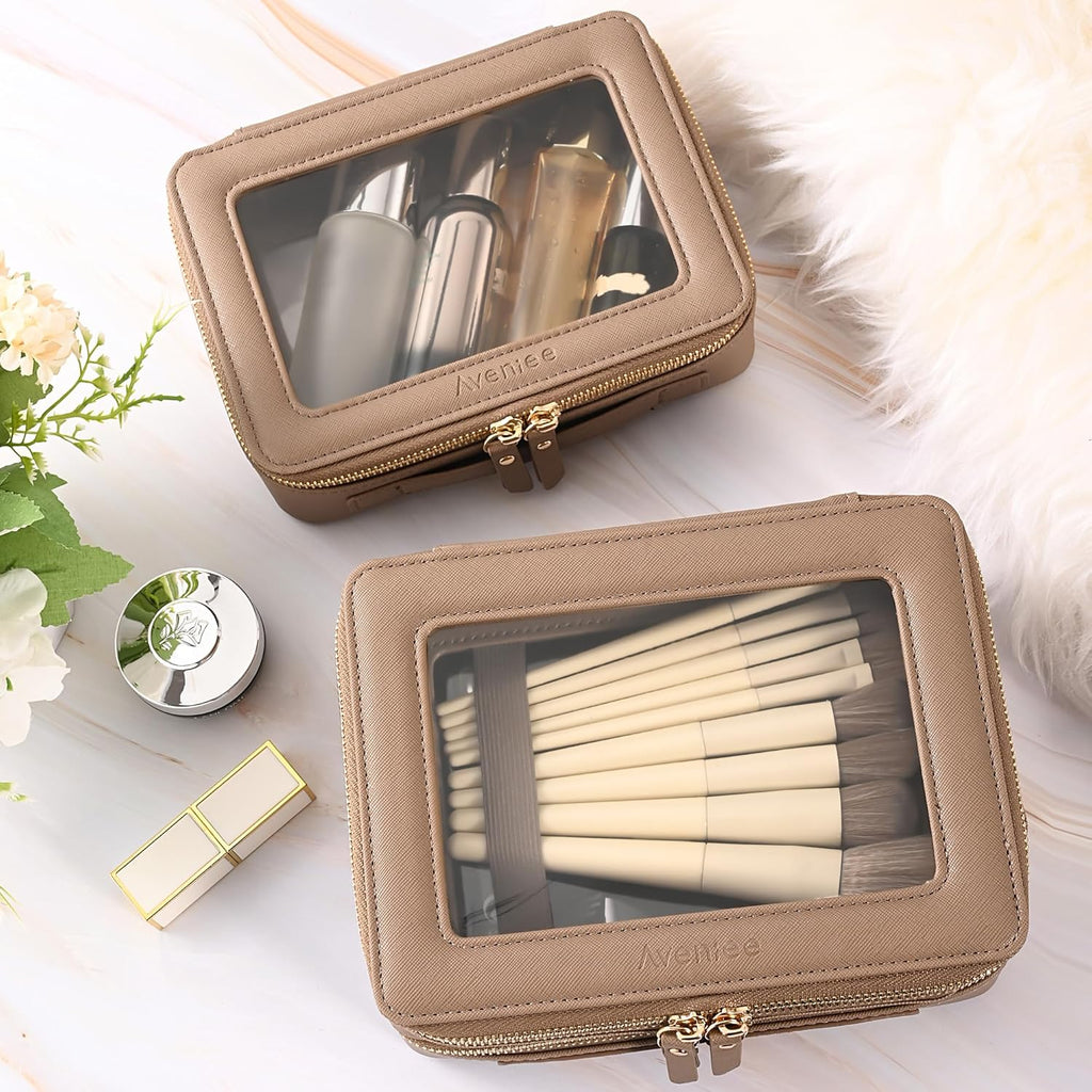 Aveniee Large Clear Makeup Bags, Double Layer Cosmetic Bags with Separate Brush Compartment,Travel Toiletry Bag Train Case,Travel Accessories Organizer for Women,2 Layers,Brown