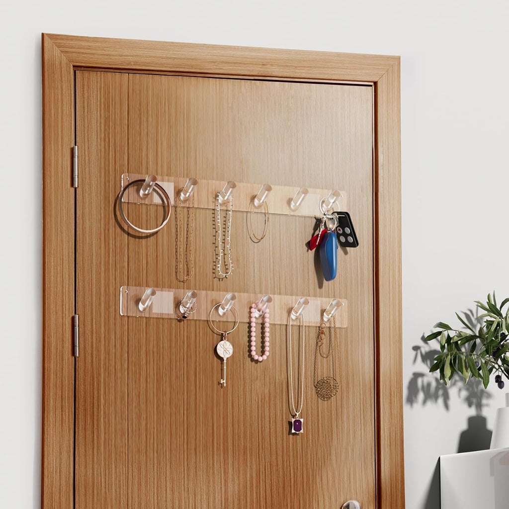 MaxGear Clear Necklace Holder 2-Pack, Wall Jewelry Organizer with 12 Hooks | Acrylic Tangle-Free Display for Necklace, Bracelet, Bangles, Ring, Perfect for Bathroom, Vanity, Closet Door