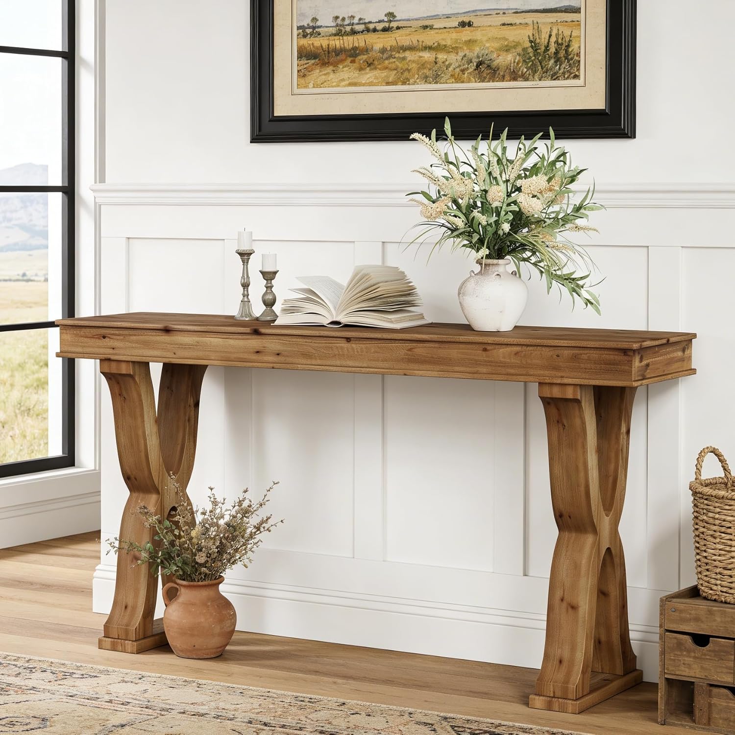 Solid Wood Console Table 63 Inch, Farmhouse Entryway Table with X-Shaped Legs, Narrow Sofa Table Behind Couch for Living Room, Hallway, Foyer, Sturdy & Easy Assembly