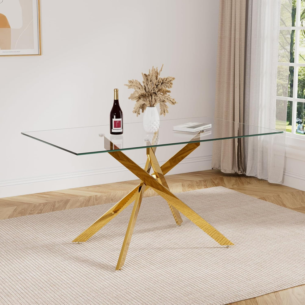 Glass Dining Table for 4-6, Contemporary Rectangular Dining Room Table with T...