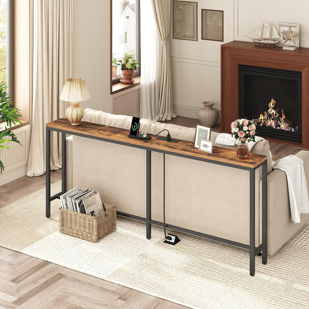 MAHANCRIS 70.9'' Console Table with Power Outlet, Narrow Sofa Table w...