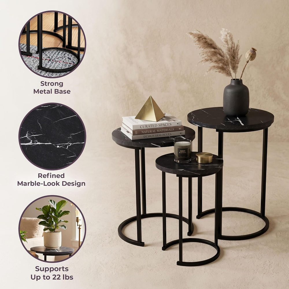 Lavish Home Round Nesting Tables Set of 3, Faux Marble Tabletop, Black