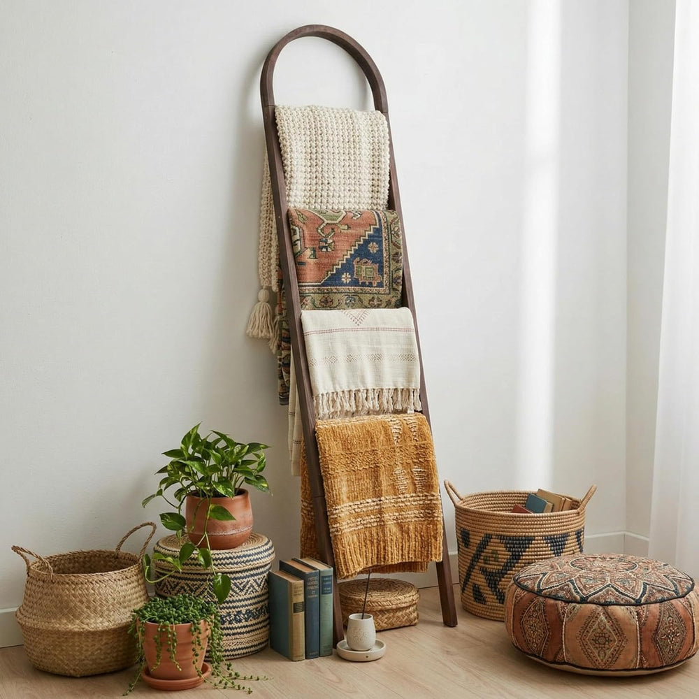 Sintuff Arched Blanket Ladder for Living Room, 5.5ft Wooden Blanket Rack, 5-T...